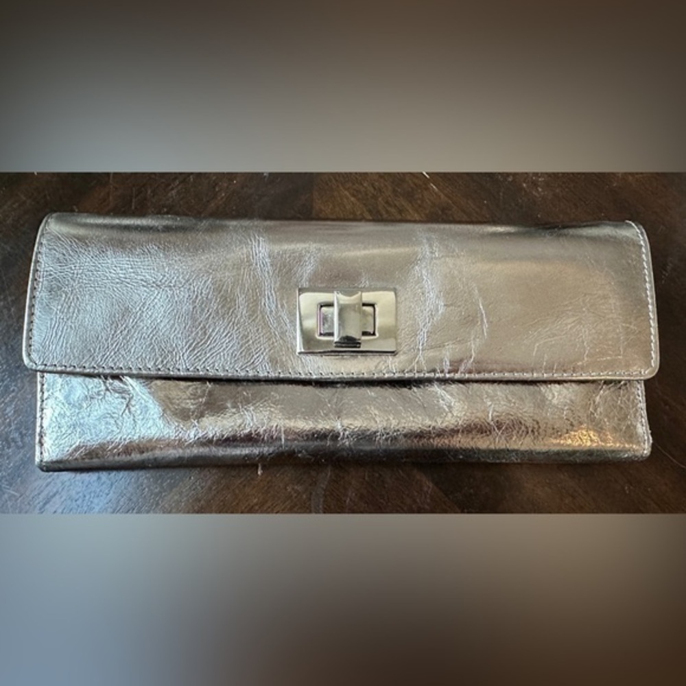Pewter Metallic Faux Leather Wallet with Silver Turn-Lock Closure